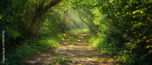 A path through a forest with sunlight shining through the trees © Pongsapak