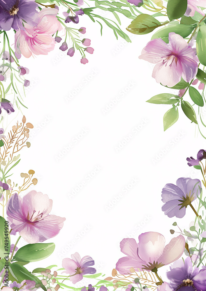 watercolor botanical flowers frame background with free space for invite or wedding card