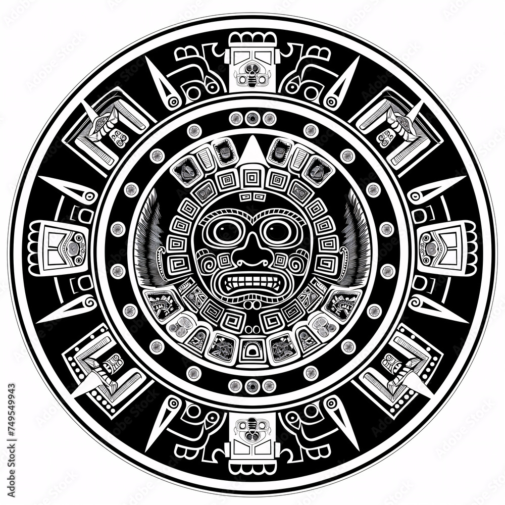 disco Azteca en Relieve Monocromático - obrazy, fototapety, plakaty 