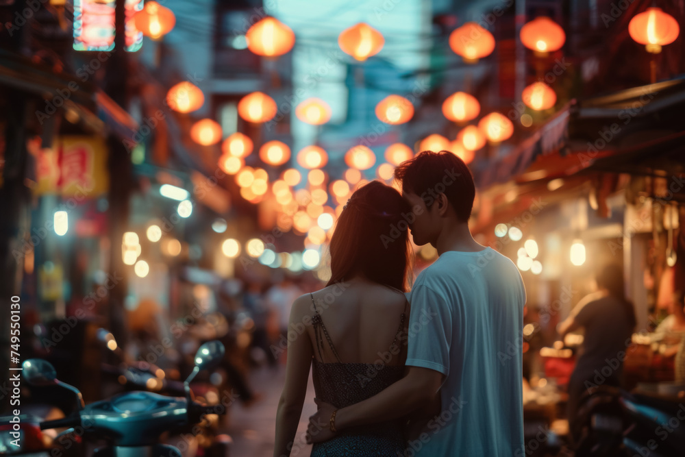 Romantic Evening Stroll of a Couple in a Lantern-Lit Market Street