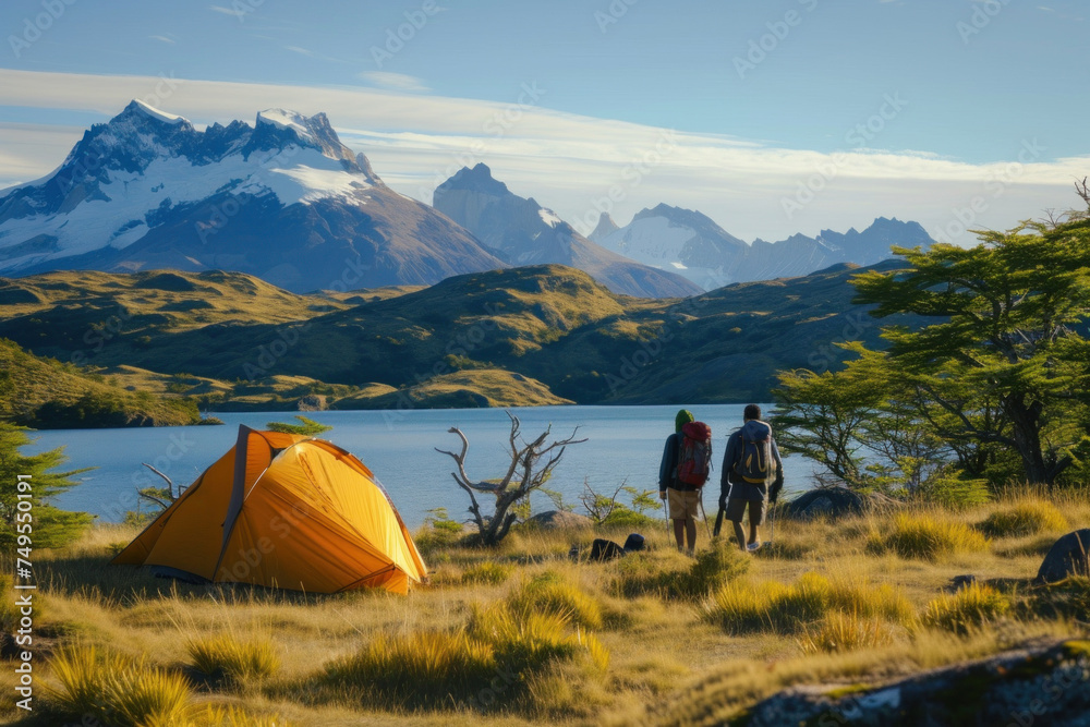 Adventurous Couple Enjoying a Scenic Camping Site by the Lake with Majestic Mountains