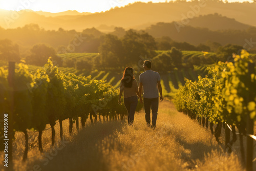Couple Enjoying a Romantic Walk Through Vineyards at Golden Hour