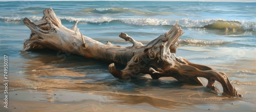A piece of driftwood is lying on a sandy beach as waves come in from the ocean in the background. The driftwood is weathered and worn  contrasting with the movement of the water.