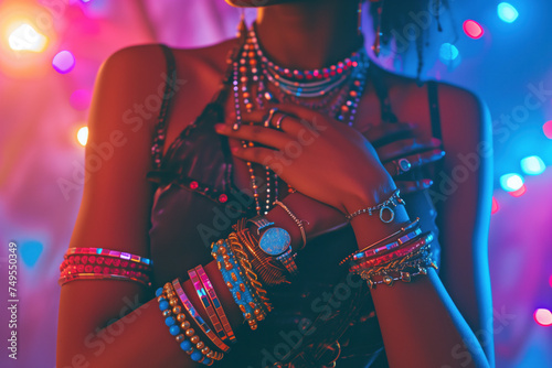 Fashion Detail of a Woman Adorned with Eclectic Jewelry and Watch under Neon Lights