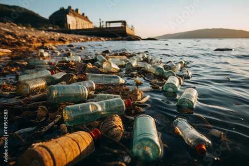 Plastic bottles and garbage floating in the ocean, Environmental issues concept © Nikolai