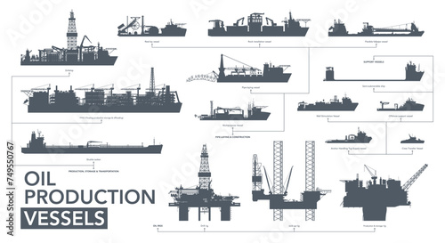 Oil production vessels icon set. Oil production ships silhouette on white. Vector illustration