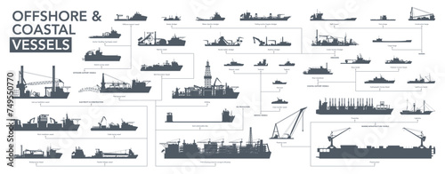 Offshore and coastal vessels icon set. Offshore and coastal ships silhouette on white. Vector illustration