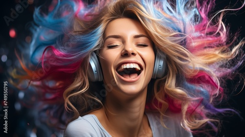 Collage of portraits of young emotional people on multicolored background in neon. Concept of human emotions, facial expression, sales. Smiling, listen to music with headphones © anwel