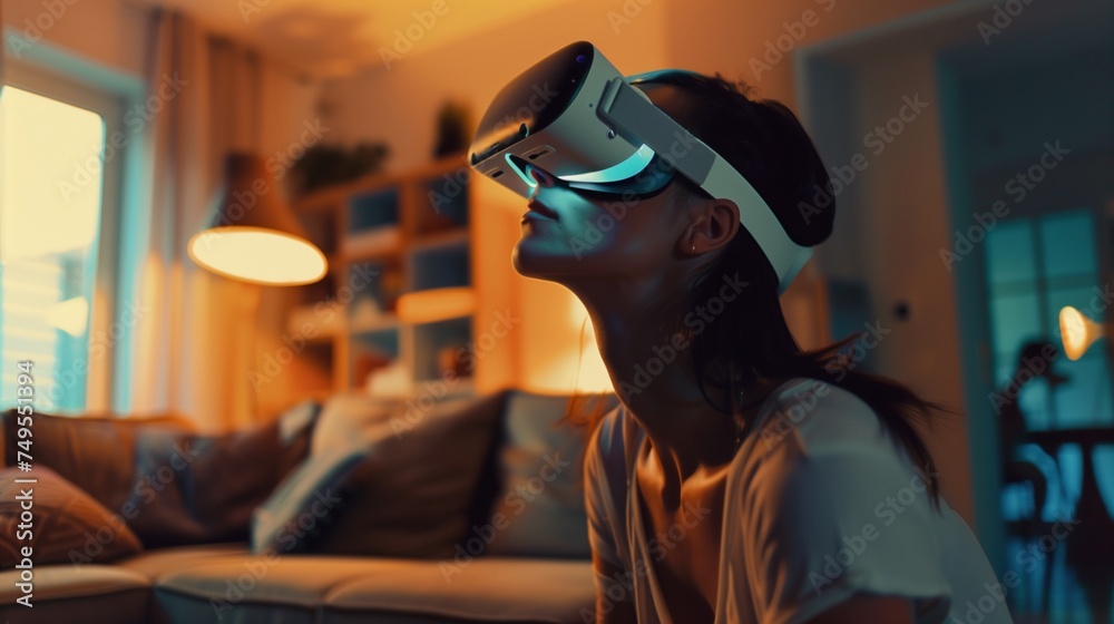 person wearing VR headset in a home at night