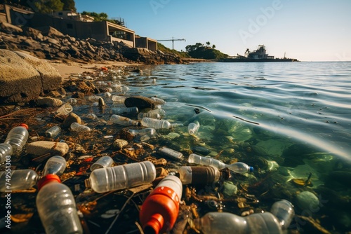 Plastic bottles and garbage floating in the lake, Environmental issues concept © Nikolai
