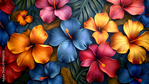 Tropical Hibiscus Flowers with Lush Green Foliage