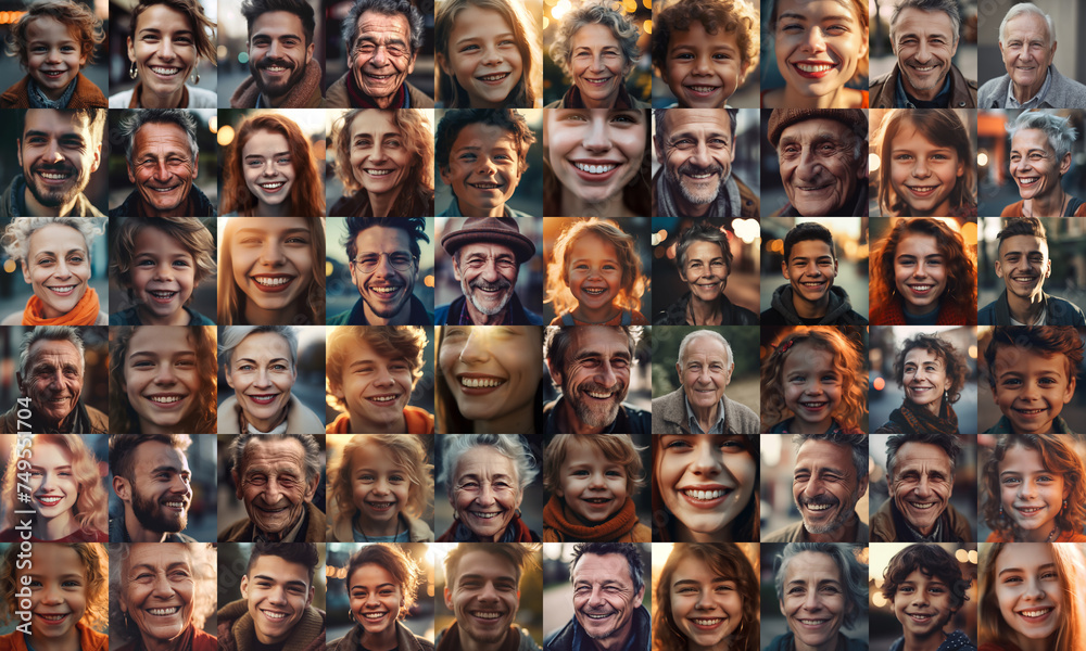  collage of European people smiling, collage of portrait, grid of 60 cheerful faces, group photo
