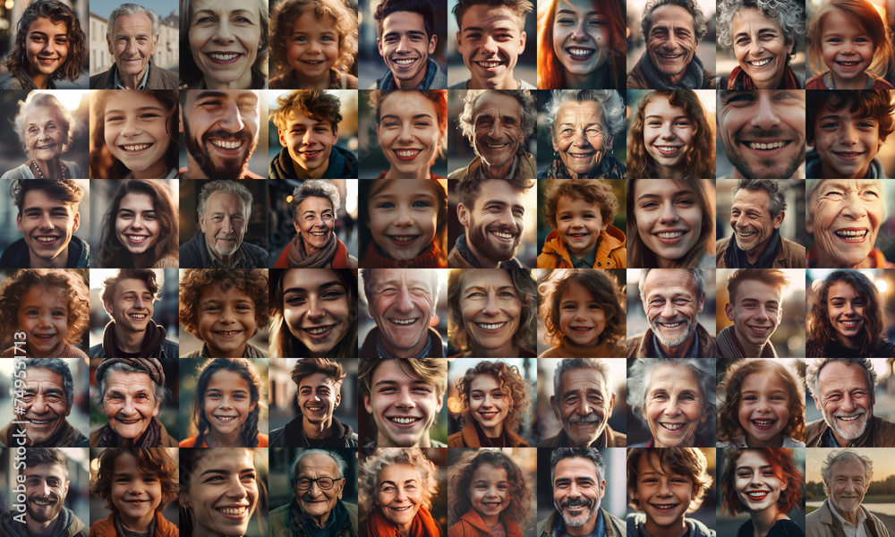  collage of European people smiling, collage of portrait, grid of 60 cheerful faces, group photo