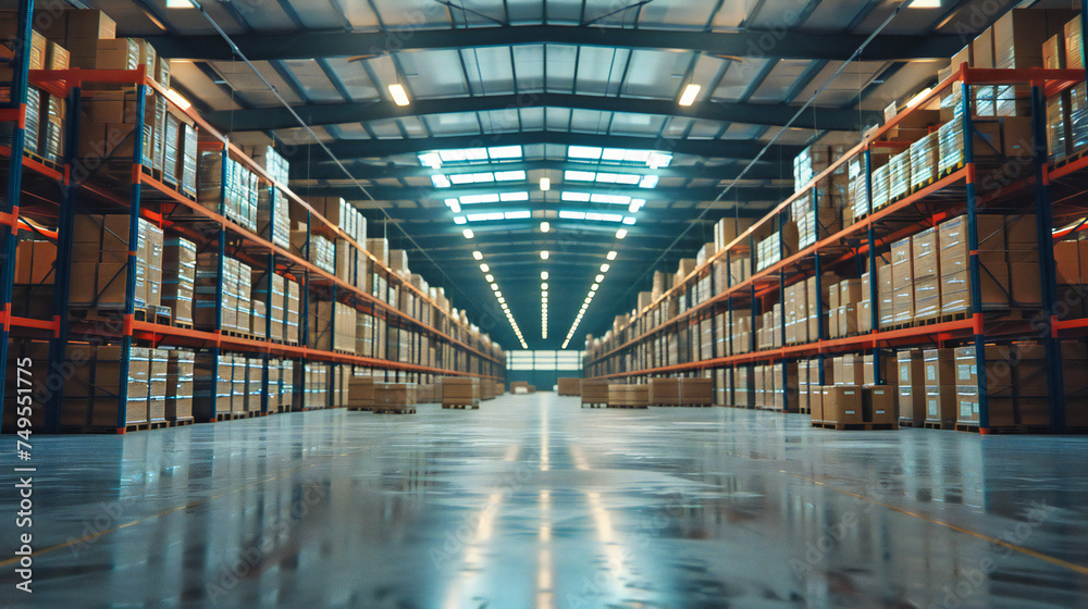 Industrial Storage Solutions: Large Warehouse with Stacked Shelves, Goods Ready for Shipping and Distribution Industrial Storage Solutions: Large Warehouse with Stacked Shelves, Goods Ready for Shipping and Distribution