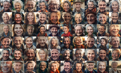 collage of European senior men and women smiling, collage of portrait, grid of 60 cheerful faces, group photo