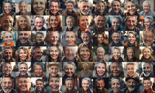 collage of European senior men and women smiling, collage of portrait, grid of 60 cheerful faces, group photo