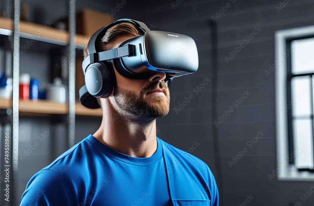 Handsome engineer enjoying simulation of reality with vr glasses. Futuristic Architectural Engineer Wearing Augmented Reality Headset