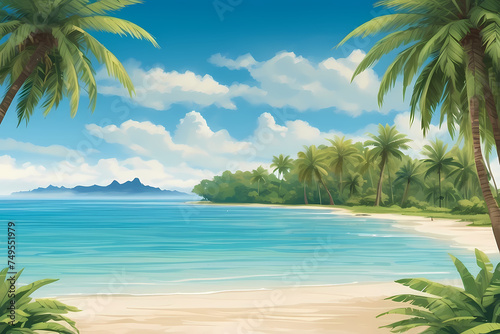  a sandy tropical beach with crystal-clear turquoise waters gently lapping against the shore, framed by lush palm trees, with a distant island silhouetted against the horizon, generative ai