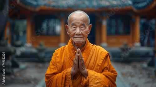 Elderly Chinese Monk in Traditional Robes: Wisdom of Eight Decades © Mike