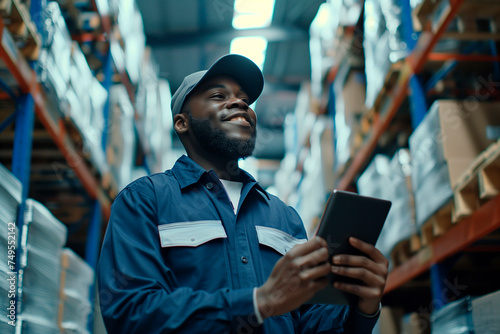 happy employee standing in warehouse using a tablet