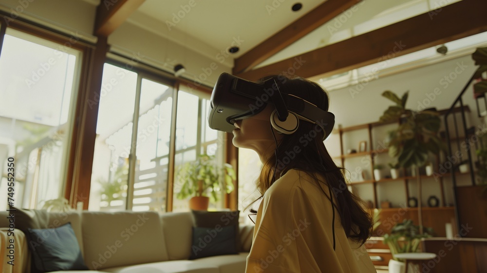 person wearing VR headset in a modern living room