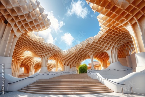 Contemporary modern symmetrical structure of metropole parasol roof in square with historical buildings under sunny sky on summer day