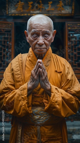 Elderly Chinese Monk in Traditional Robes: Wisdom of Eight Decades