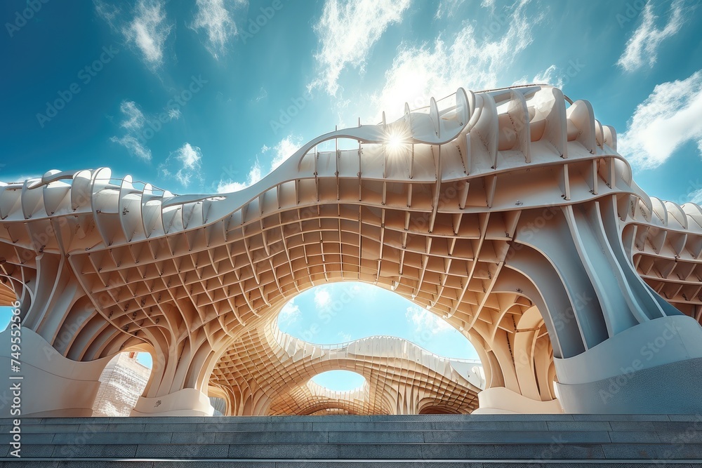 Naklejka premium Contemporary modern symmetrical structure of metropole parasol roof in square with historical buildings under sunny sky on summer day