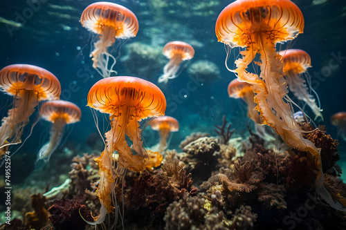 Jellyfish in the sea photography generative ai photo.  © Ariyan
