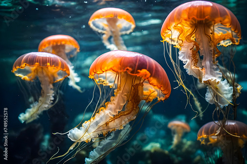Jellyfish in the sea photography generative ai photo. 