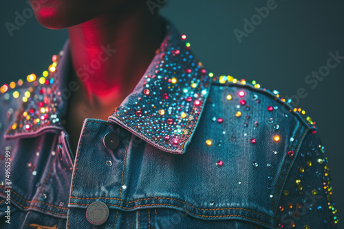 Stylish Denim Jacket Adorned with Colorful Rhinestones Under Moody Lighting