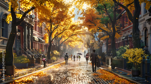 Autumn Alley Stroll: Vibrant Fall Colors on Trees Lining a Path in the City