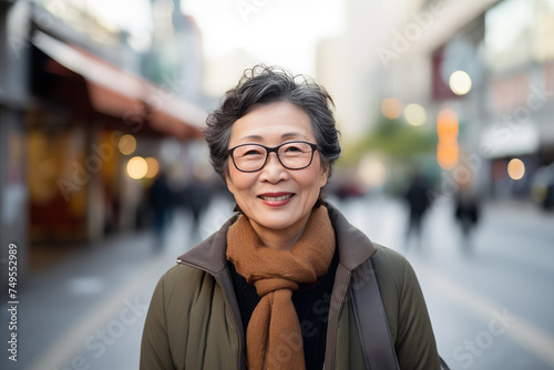Middle aged Chinese woman at outdoors with glasses © luismolinero