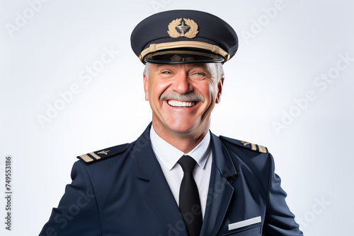 Middle aged man over isolated white background airplane pilot