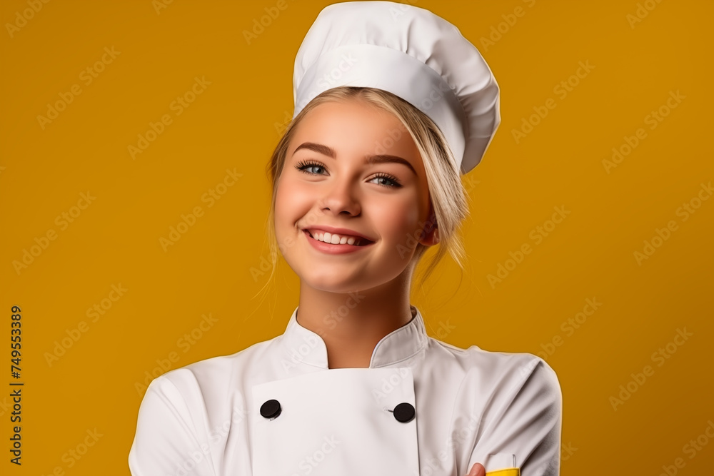 Young pretty blonde girl over isolated colorful background in chef uniform Young pretty blonde girl over isolated colorful background in chef uniform