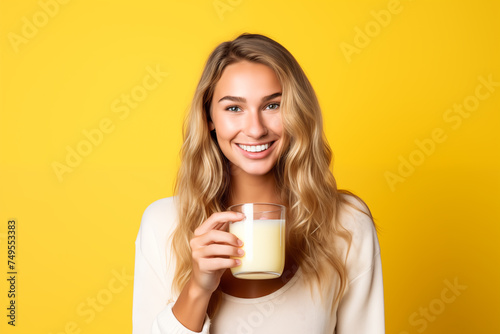 Young pretty blonde girl over isolated colorful background having breakfast milk