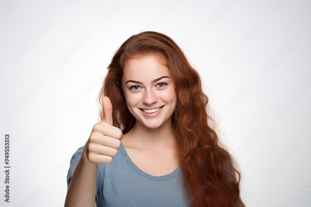 Young pretty brunette girl over isolated white background with thumb up Young pretty brunette girl over isolated white background with thumb up