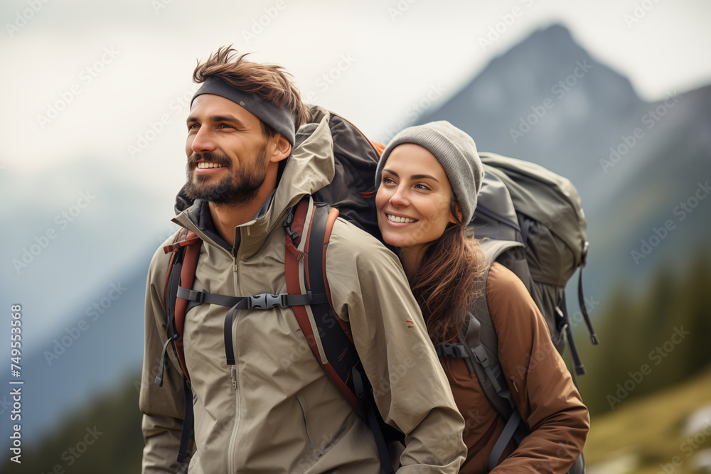 Young couple at outdoors with mountaineer backpack