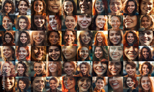 collage of European adult women smiling, collage of portrait, grid of 60 cheerful faces, group photo