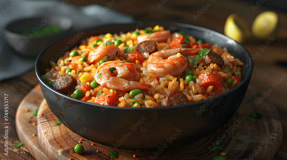Appetizing shrimp and sausage jambalaya in a bowl