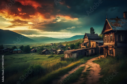 Mysterious old secret town abandoned house at sunset generative AI photo. 