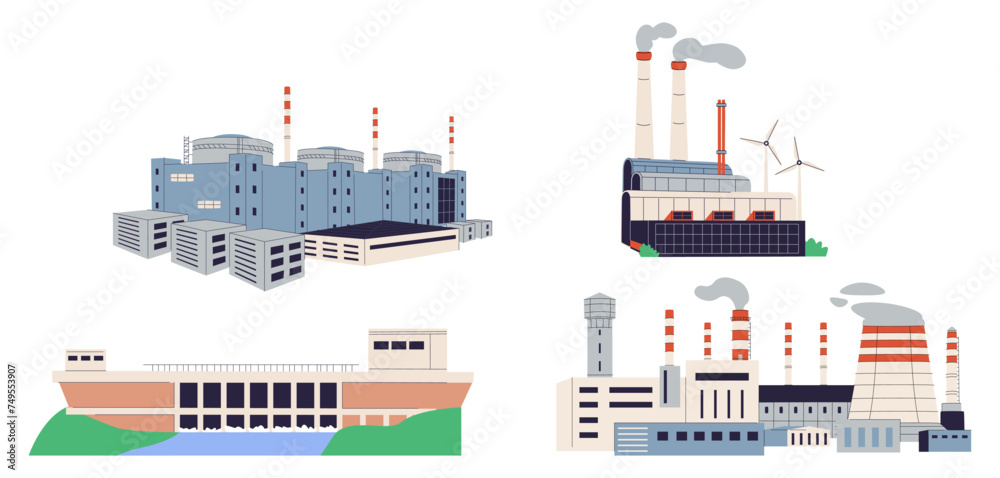 Fototapeta premium Set of power stations and plants for energy generation. Different types of factory buildings of heavy industry.