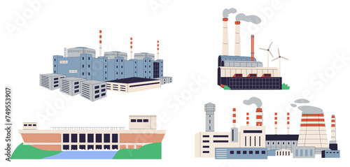 Set of power stations and plants for energy generation. Different types of factory buildings of heavy industry.