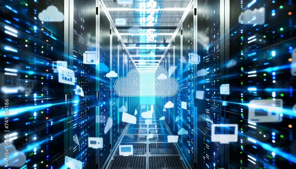 Scalable Cloud Computing Environment, a scalable cloud computing environment within a data center concept with an image featuring virtualized servers, AI