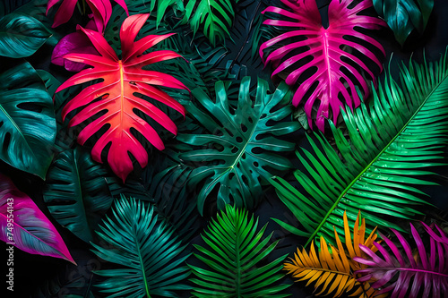 Tropic leaves seamless pattern in neon colors generative ai photo.


