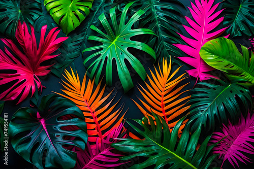 Tropic leaves seamless pattern in neon colors generative ai photo.   