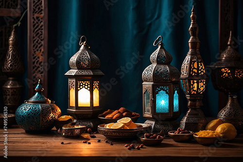 Illuminated Arabic lantern on mosque holy month of Muslim community Ramadan Kareem generative ai photo. 