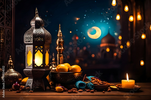 Illuminated Arabic lantern on mosque holy month of Muslim community Ramadan Kareem generative ai photo. 