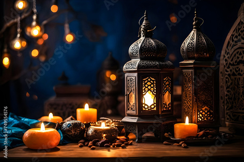 Illuminated Arabic lantern on mosque holy month of Muslim community Ramadan Kareem generative ai photo.  © Ariyan