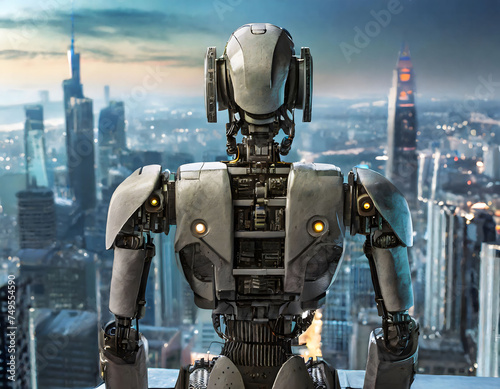 A cyborg robot looking at the city at the top of a skyscraper, selective focus